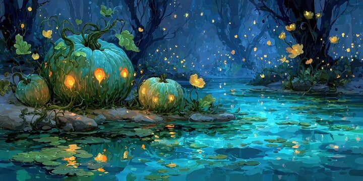 Enchanted River with Luminous Pumpkins