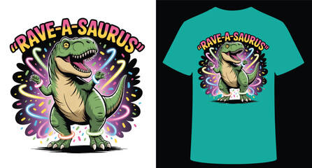 Energetic tyrannosaurus rex dinosaur character dancing with neon lights and rave a saurus text isolated on transparent background