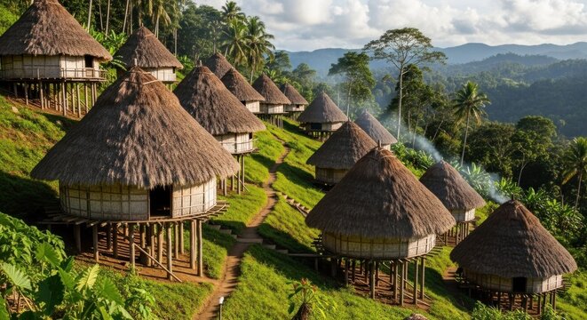 Traditional round houses with thatched roofs sit nestled on a hillside, framed by lush green vegetation and distant mountains.