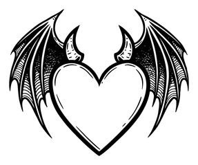 Naklejka premium Love Shape with Devil Bat Wings and Horns Spooky Halloween Black and White Outline Line Art Drawing