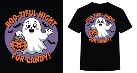 Cute cartoon ghost with pumpkin candy bucket and bats on a purple oval background with text isolated on transparent background