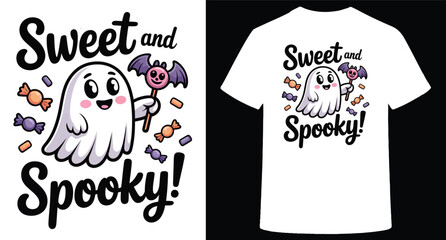 Cute friendly cartoon ghost character holding a spooky lollipop candy surrounded by halloween sweets isolated on transparent background