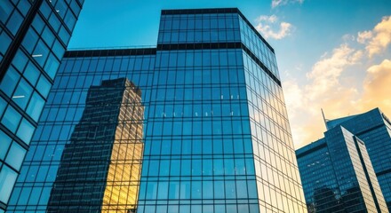 Obraz premium Modern glass skyscrapers reflecting a golden sunset