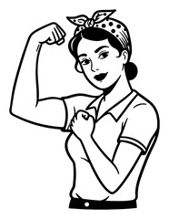 Obraz premium Beautiful Woman Flexing an Arm Showing Woman Power Symbol in Black and White Outline Line Art Drawing