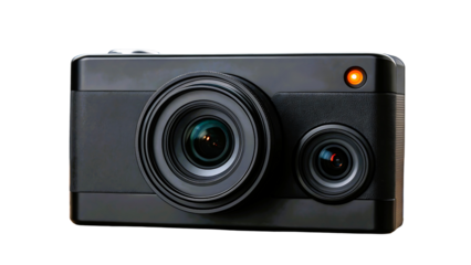 Modern black digital camera isolated on transparent background