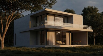 Modern house nestled in a wooded area, bathed in golden sunlight