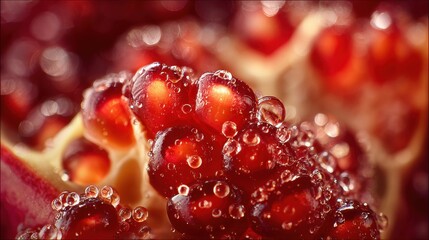 Elegant photo of macro view zooms in on the jewel-like arils of a pomegranate, their ruby-red translucence glisten.