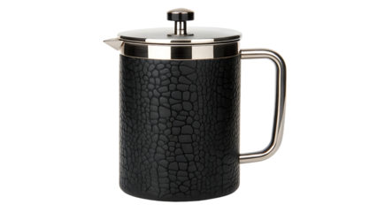 Black french press coffee maker with ornate pattern isolated on transparent background
