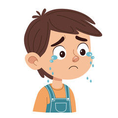 Sad boy crying with tears streaming down his face showing negative child emotion. Vector illustration of a cartoon kid.