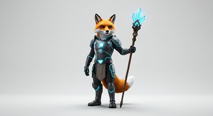 Futuristic fox warrior with glowing staff, an anthropomorphic character ready for adventure in a digital realm.