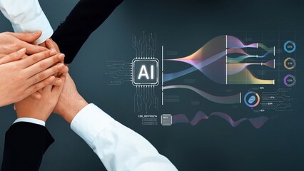 A dynamic image showcasing teamwork and collaboration in a modern business environment, highlighting the integration of AI technology in strategic analysis and data visualization. Raster