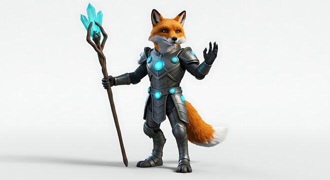 Fototapeta Fantasy fox warrior with glowing staff and armor stands ready for adventure