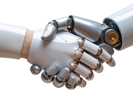  Side Angle View of Futuristic Robot Hand Shaking Human Hand, Symbol of Technology Partnership, isolated transparent background png
