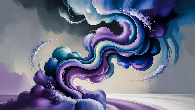 Abstract swirling purple and blue ink in water creating ethereal fluid art with organic shapes