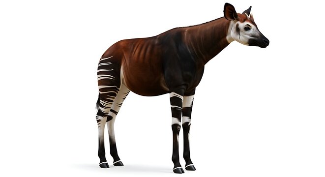 Stunning okapi showcases unique zebra-like leg markings and rich brown coat against white