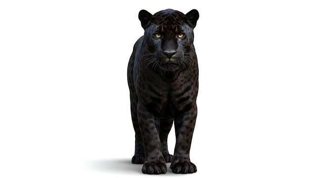 Majestic black jaguar with piercing yellow eyes walks forward, exuding power and mystery