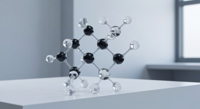 Molecular structure model, glass & black spheres, on white surface - Powered by Adobe