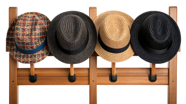 Four stylish hats on a wooden rack isolated on transparent background