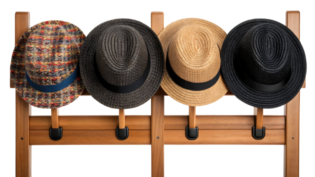 Four stylish hats on a wooden rack isolated on transparent background