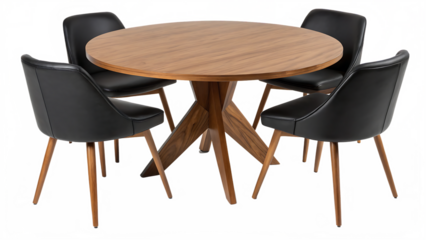 Overhead view of modern wooden round table with four chairs cut out on PNG. AI GENERATED.
