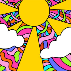 Retro psychedelic groovy landscape. Vintage hippie background