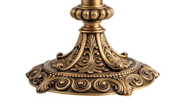 Ornate antique brass candlestick base isolated on transparent background