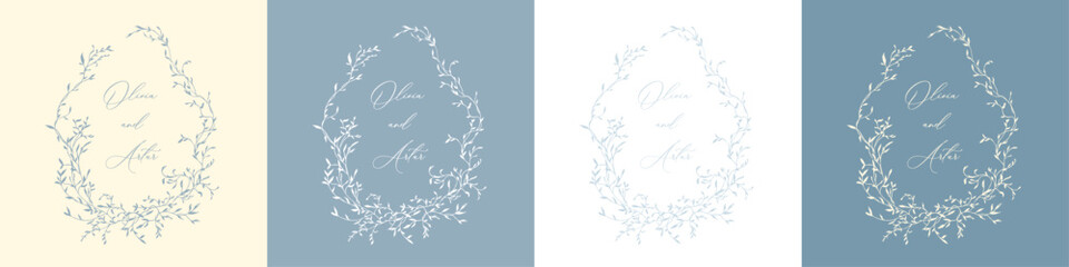 Wedding hand drawn line floral frame. Vintage wedding greenery wreath. Vector illustration botanical decoration elements for wedding invitation, label, branding business identity, greeting card