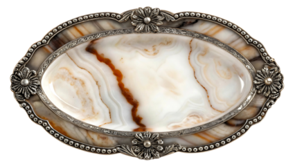 Antique ornate silver tray with agate stone inlay isolated on transparent background