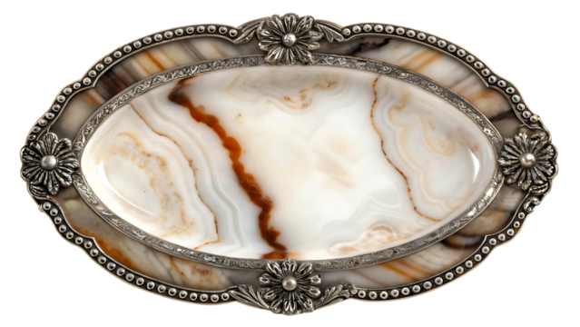 Antique ornate silver tray with agate stone inlay isolated on transparent background