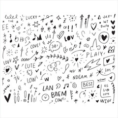 A set of hand-drawn vector illustrations featuring a seamless pattern of black doodle numbers, letters, and arrows for a unique font design