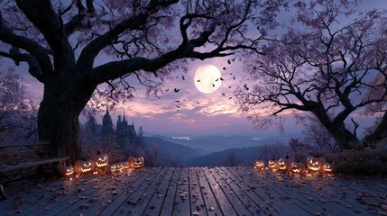 Halloween Night with Jack-o'-Lanterns and Full Moon