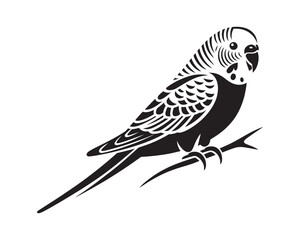 Minimalist black and white stencil of a budgerigar, a common pet parrot, isolated vector illustration