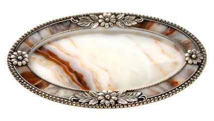 Antique oval silver plated tray with marble inlay isolated on transparent background