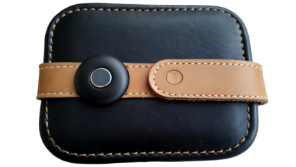 Black leather case with tan strap and fingerprint scanner isolated on transparent background