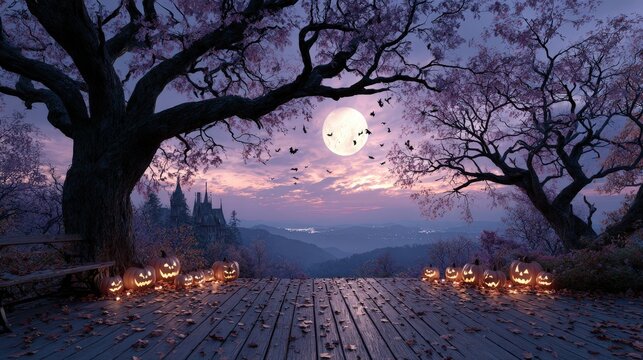 Halloween Night with Jack-o'-Lanterns and Full Moon