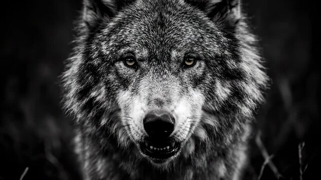 Intense close-up of a wolf's piercing gaze, conveying wild power and untamed spirit in dramatic black and white monochrome.