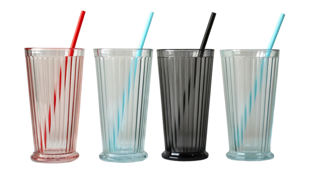 Four tall patterned drinking glasses with straws isolated on transparent background