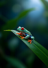 Naklejka premium Vibrant emerald amphibian observing from a vivid verdant leaf in a blurred forest scene evoking the beauty of tropical