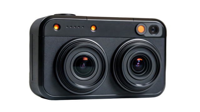 Compact dual lens surveillance camera isolated on transparent background