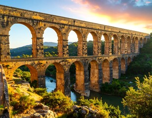 Obraz premium Ancient stone aqueduct at sunset