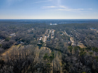 Aerial landscape rural Madison in winter after Hurricane Helene in Morgan County Georgia