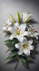 Elegant White Lilies Bouquet on Gray Background for Sympathy Funeral or Wedding Decoration