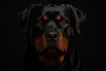 Fototapeta premium Rottweiler Dog Portrait on Black Background – Powerful and Loyal Guard Dog Expression