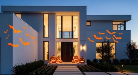 Modern house decorated with pumpkins and bats for a halloween celebration