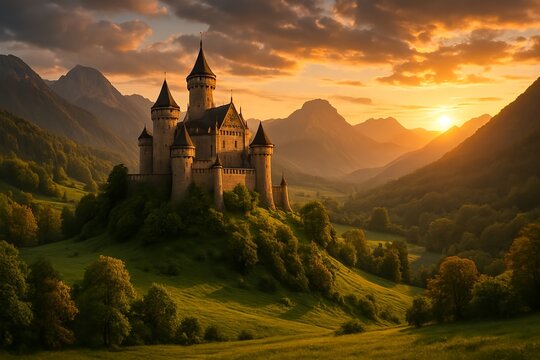 Fairytale Castle on Mountain Hill at Sunset – Medieval Fortress with Scenic Landscape and Dramatic Sky