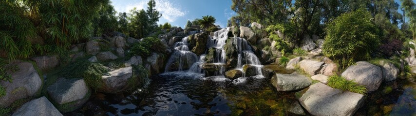 Fototapeta premium Stunning hdr panoramic view of untamed waterfall in nature scenic landscape high-quality hdri environment