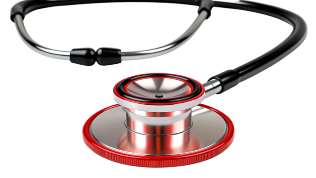 Close up of a red and silver stethoscope isolated on transparent background
