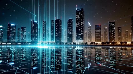 Futuristic city skyline at night with digital data streams and reflections cityscape view - Powered by Adobe