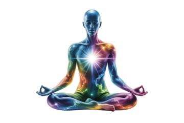 Person meditating with vibrant energy flow and glowing aura, symbolizing inner peace and chakra balance