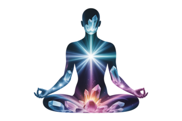 Meditating silhouette infused with vibrant crystal energy and cosmic light for inner peace and healing